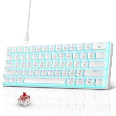 Imagem de Snpurdiri teclado mecânico gamer portátil 60%, teclado compacto para escritório com fio, 61 teclas, retroiluminação LED azul gelo (branco, switches vermelhos) (sem garantia de versão em português)