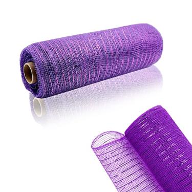 Imagem de 2 rolos roxos com malha de arame de folha roxa 25,4 cm x 9 m, fita de malha metálica poli roxo Deco malha rolos 25,4 cm para suprimentos de guirlanda de árvore de natal decoração de Halloween embrulho de presente, floral