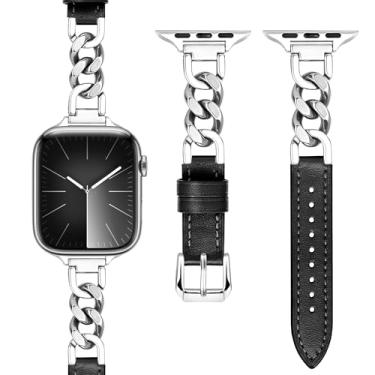 Imagem de Aniaboho Pulseira de metal compatível com Apple Watch séries 9, 8, SE, 7, 6, 5, 4, 3, 2 Ultra 2 1, iWatch para mulheres e homens, pulseiras de couro de corrente única para Apple Watch de 40 mm, 38 mm e 41 mm (couro prata)