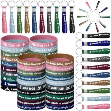 Imagem de Skylety Conjunto de 120 pulseiras com versículo da Bíblia espanhola, conjunto de chaveiros, pulseira de silicone cristão espanhol, presente com citação cristã (elegante)