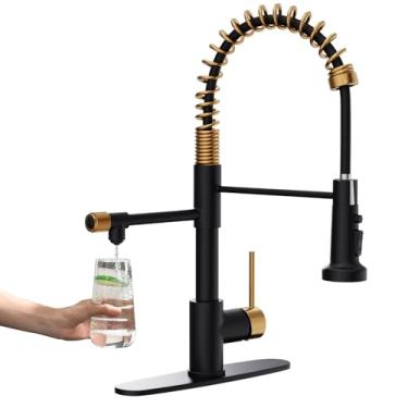 Imagem de Gimili Torneira de água potável preta e dourada 3 em 1 estilo comercial pull-down filtro de alça única torneira de cozinha para sistema de filtragem de água