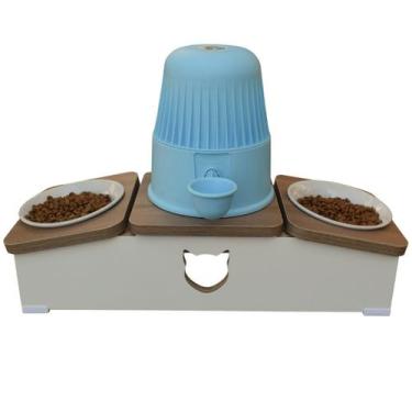 Imagem de Comedouro Elevado Duplo Hibrido Gato Base Bebedouro Pet MDF - Porcelan