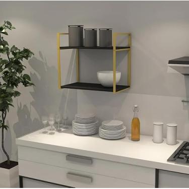 Imagem de Prateleira Industrial Parede ou Suspensa Dourada Aço e Madeira 50x40x60cm (Preto)