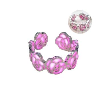 Imagem de xdlhghe Anel de flor rosa para mulheres prata humor brilha no escuro azul rosa bonito anel Y2k declaração delicada moda anime joias bonitas, Latão, Sem pedra preciosa