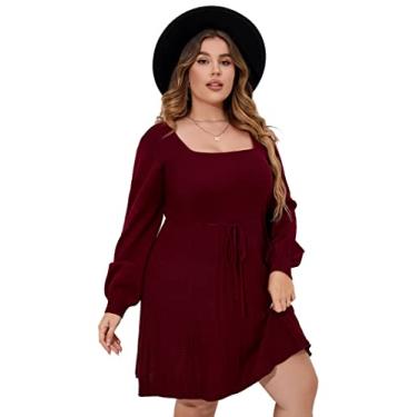 Imagem de Vestido feminino plus size casual gola quadrada manga lanterna longa gravata cintura pulôver pulôver solto, Borgonha 1, XGG