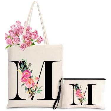 Imagem de Sacola de lona inicial para mulheres, sacolas personalizadas com monograma com bolsa de presente de maquiagem para casamento, damas de honra, aniversário, Letra M, One Size