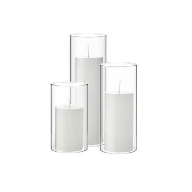 Imagem de Conjunto de 6 velas de pilar com vasos cilíndricos de vidro transparente – Castiçais elegantes para velas altas e finas, ideais para centros de mesa de casamento (7 x 12 cm, 15 cm, 19 cm, branco)