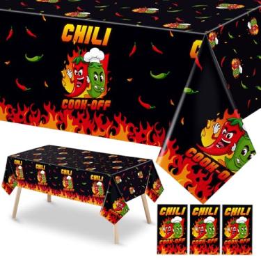 Imagem de Oudain Conjunto de 3 peças de decorações de mesa Chili Cook Off - 218,4 cm x 129,5 cm, toalhas de mesa com chama de pimenta malagueta, decorações de festa descartáveis para churrasco, artigos de festa