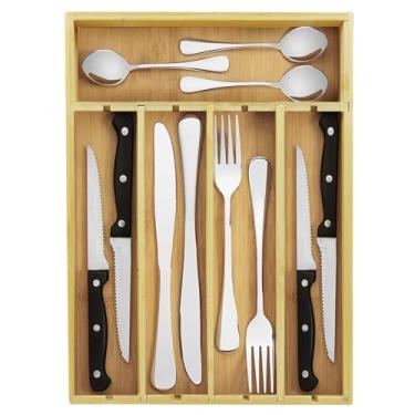 Imagem de Organizador de gaveta de bambu de cozinha - Organizador de talheres no total de 5 compartimentos para talheres, talheres e facas. Organizador de gaveta de utensílios ideal para cozinha, natural