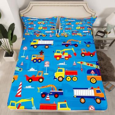Imagem de Jogo de cama casal com desenho animado de carro, escavadeira, trator, caminhão, crianças, para decoração de quarto de meninos e adolescentes, lençol com elástico alto, azul moderno, 2 fronhas