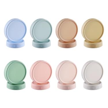 Imagem de WEISHI Tampas de frascos de plástico de 16 unidades (8 bocas largas e 8 bocas regulares) para bolas, potes kerr e muito mais, tampas de plástico coloridas com anéis de silicone, tampas à pro
