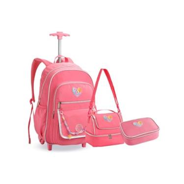Imagem de Kit Mochila Rodinha Juvenil Corrente Meninas Escolar (ROSA)