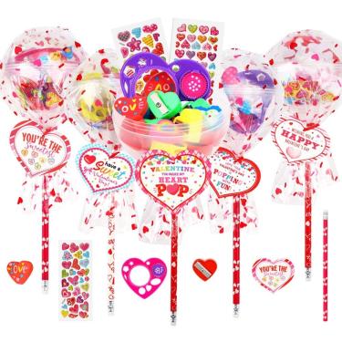 Imagem de Conjunto de papelaria POPGIFTU para Dia dos Namorados, pacote com 28 unidades para crianças com pirulito