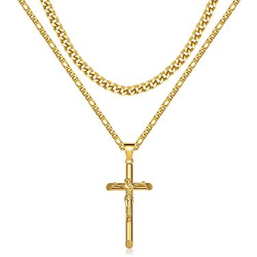Imagem de Nymerianoble Colar de cruz para mulheres homens aço inoxidável colares de cruz masculinos ouro prata Jesus cruz colar em camadas colar de corrente fígaro cubano joias presentes para mulheres homens, Aço inoxidável, Sem pedras preciosas