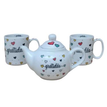 Imagem de Kit Café Gratidão Porcelana - Bule chaleira 500ml + 2 Canecas 300ml - 