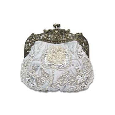 Imagem de CORIOS Bolsa vintage de 1920 com contas para noite com pérolas, bolsa de mão feminina de casamento com lantejoulas e strass, Prata, Large