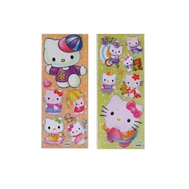 Imagem de 03 Cartelas de Adesivos Coração Bichinhos Borboleta Boneca Unicórnio Ursinho com Brilho Prateado (03 Cartelas Hel lo Kit ty)