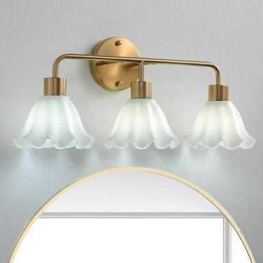 Imagem de vivihobb Luminária De Banheiro De Latão Dourado Com 3 Luzes, Iluminação De Penteadeira Dourada Escovada Sobre O Espelho, Abajur De Vidro Branco Leitoso Fofo, Soquete E26 (Lâmpadas Não Incluídas)