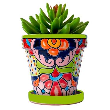 Imagem de COBAZUL Vasos de cerâmica mexicana - Talavera - Cerâmica mexicana - Vasos Talavera para plantas internas e externas com orifício de drenagem e pires - 10 cm L x 10 cm A (verde-pequeno)