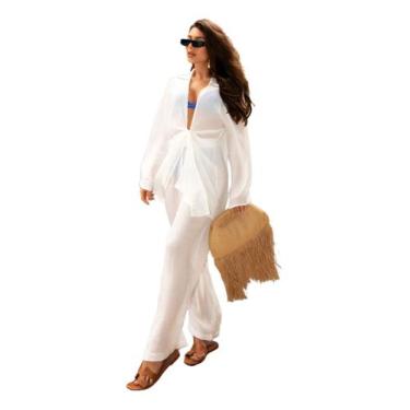 Imagem de Blusa E Calça Em Tecido Leve  Saída De Praia Lisa - NoBrand, Branco, U