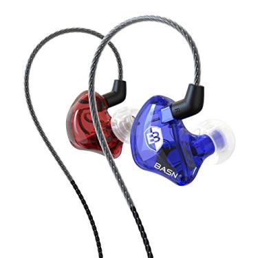 Imagem de BASN Fones de ouvido intra-auriculares Dual Dynamic Drivers IEM Fones de ouvido destacável MMCX cabo músicos (MC100 vermelho/azul, com microfone)
