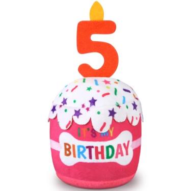 Imagem de Dansydaisy Acessórios de brinquedo de bolo de 5º aniversário para meninas e meninos, brinquedo de pelúcia rosa para decoração de festa de aniversário para cães grandes, médios e pequenos