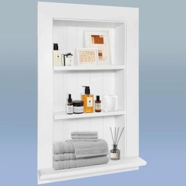 Imagem de Royxen Armário de parede de banheiro com prateleiras de 2 camadas, armário de remédios embutido de madeira sobre vaso sanitário, suporte de parede para armário de banheiro para armazenamento doméstico