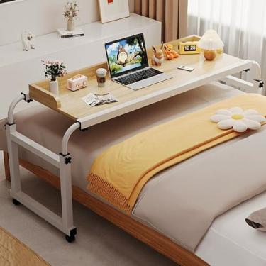 Imagem de Mesa de cama com 4 rodas, mesa ajustável para computador de 115 a 210 cm, bandeja de alimentos, mesa médica com rodinhas para cama de solteiro/casal/queen/king size
