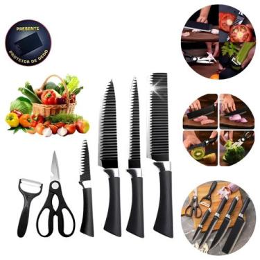 Imagem de kit jogo de facas churrasco/cozinha 6 peças aço inox preto - Ami
