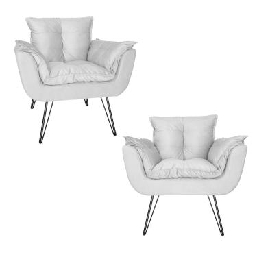 Imagem de Combo 2 Poltronas Estofadas Sala Comercial Pés de Ferro Opala Suede Branco - dl Decor