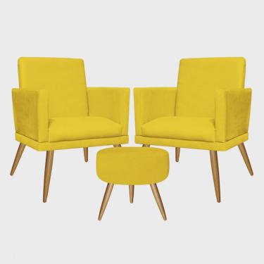 Imagem de Kit 2 Poltronas e Puff Redondo Nina Rodapé Pé Palito Suede Amarelo - Ahz Móveis