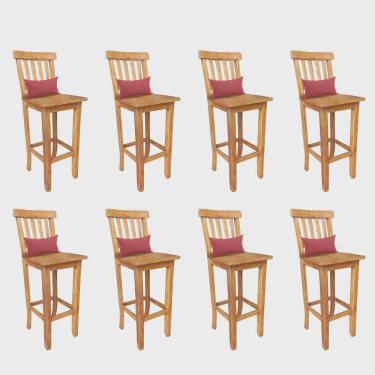 Imagem de Kit 08 Banqueta Alta Com Encosto Wood Madeira Maciça Peroba Rosa Com Almofada Suede Vermelho - Ahz Móveis