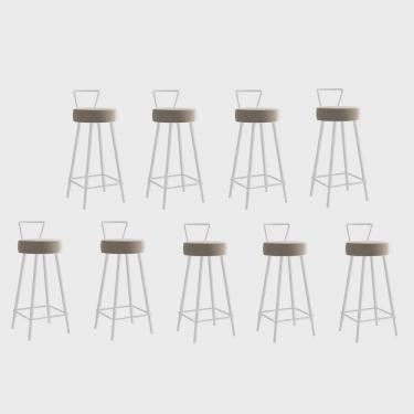 Imagem de Kit 09 Banqueta Alta Com Encosto Tais Eiffel Cozinha Bar Bistrô Ferro Branco Corino Bege - Ahz Móveis