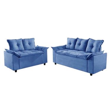 Imagem de Conjunto de Sofá Liones com 2 e 3 Lugares Tecido Suede Cor Azul