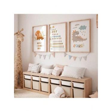 Imagem de Conjunto 3 Peças Infantil Quadro Educativo Dinossauro Frese Número Dec
