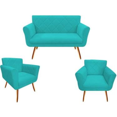 Imagem de Kit Namoradeira + 2 Poltronas Decorativa Sabrina Suede Azul Turquesa P
