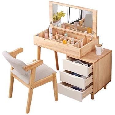 Imagem de Mesa de escrivaninha de maquiagem de quarto de madeira com gavetas, grande capacidade de armazenamento, penteadeira com espelho flip top (cor: B-2 peças, tamanho: 100x45 (E Vanity Set)