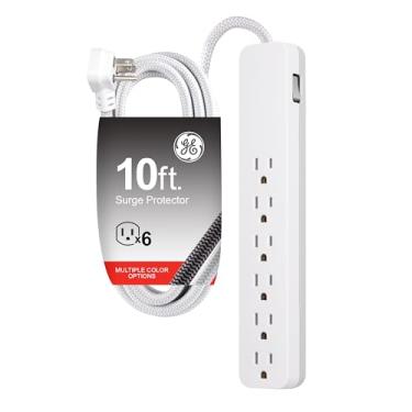 Imagem de GE Protetor contra sobretensão de 6 saídas, cabo de extensão trançado de 3 m, tira de energia, 840 Joules, plugue plano, certificação UL, branco, 62933