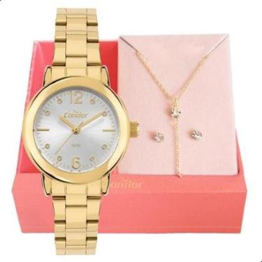 Imagem de Relógio Feminino Condor Dourado Luxo Colar E Brincos-Feminino
