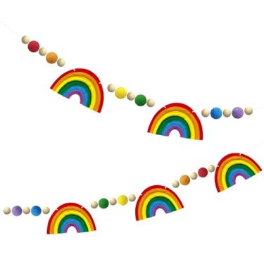 Imagem de Faixa colorida pré-amarrada arco-íris bola de lã de feltro contas de madeira guirlanda multicolorida arco-íris guirlanda para mulheres, crianças, meninas, unicórnio, mágica, decoração de festa de