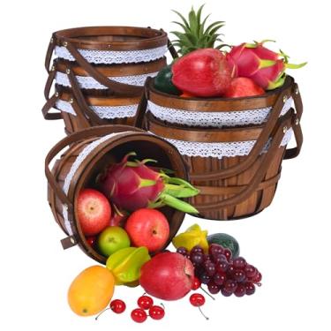 Imagem de Cesta redonda de madeira para piquenique de maçã, 25,4 cm x 16,5 cm, balde de flores de tecido para frutas e legumes, piquenique ao ar livre, acampamento, presente, piquenique, 6 peças