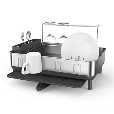 Imagem de simplehuman Escorredor de louça de grande capacidade com moldura de aço inoxidável, bico giratório de drenagem fácil de 360º, suporte para utensílios e taças de vinho, revestimento anti-resíduo
