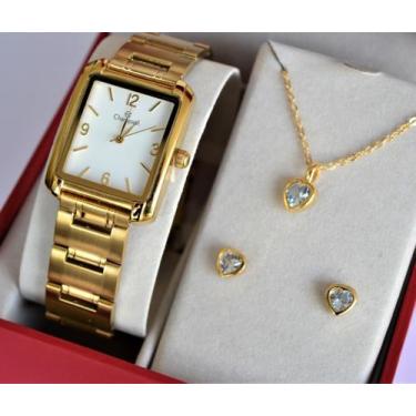 Imagem de Relogio champion dourado quadrado medio ch22466h + kit semi joia
