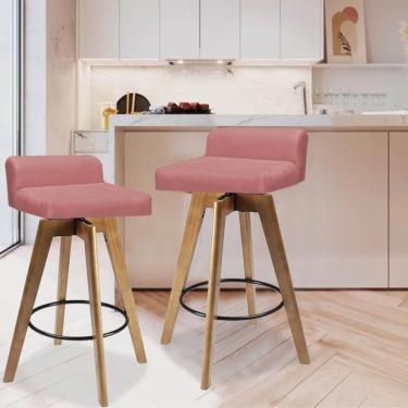 Imagem de Kit 02 Banqueta Alta Com Encosto Giratória Rute Madeira Balcão Bistrô Cozinha Suede Rose Gold