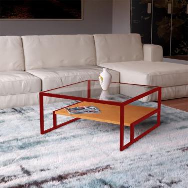 Imagem de Mesa De Centro Industrial Toledo Canela Tampo Vidro Base Ferro Vermelho - Preto