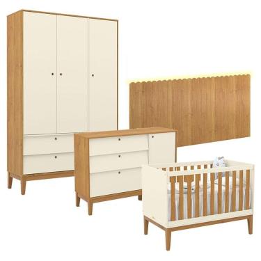 Imagem de Quarto De Bebê Unique 3 Portas Com Cômoda Sapateira E Painel Farm Com Led Off White Freijó Eco Wood - Matic