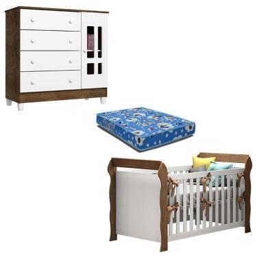 Imagem de Kit Berço Americano Lara e Cômoda Ariel em MDF e MDP com Colchão Espuma Branco Acetinado Amadeirado