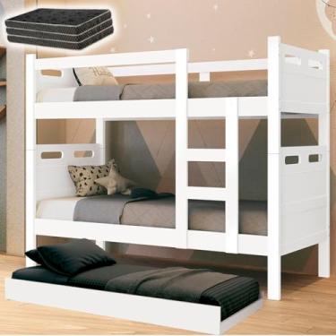Imagem de Kit Beliche Barreto com Cama Auxiliar e 3 Colchões D20, 156 x 94 x 204 cm, Suporta 100 kg por Cama (Branco)
