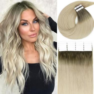 Imagem de Lacer Aplique De Cabelo Humano Remy Tape In, Raiz Castanho-Claro Acinzentada, Loiro Platinado, Trama Lisa, 24 Polegadas, 50G, 20 Unidades