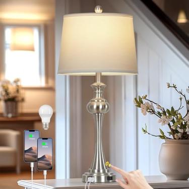 Imagem de CINSARY Luminárias De Mesa Prateadas 28,75" Para Sala Estar, Luminária Com Controle Toque 3 Vias, Cabeceira Base Metal, Moderna, Lateral Simples Quarto, Escritório, Lâmpada Led Incluída